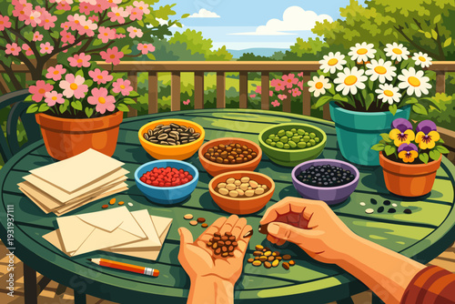 Sorting plant seeds on a sunny garden table with colorful pots and blooming flowers in the background