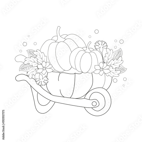 Rustic garden wheelbarrow filled with a large pumpkin and autumn flowers. Minimalist black and white vector illustration.