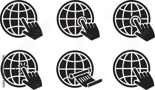 Six black and white globe icons with various objects