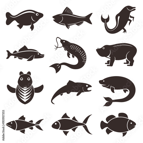 Collection of simple stylized fish and marine animal illustrations
