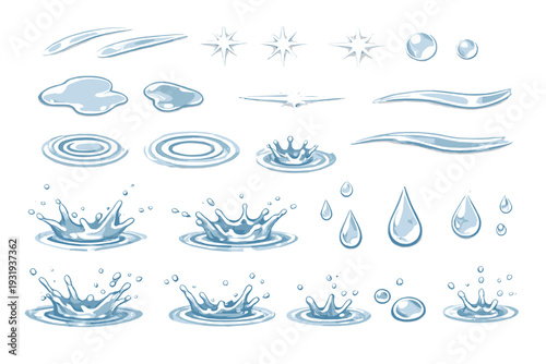 Water drops and splashes with various shapes and effects, ideal for design work or artistic projects