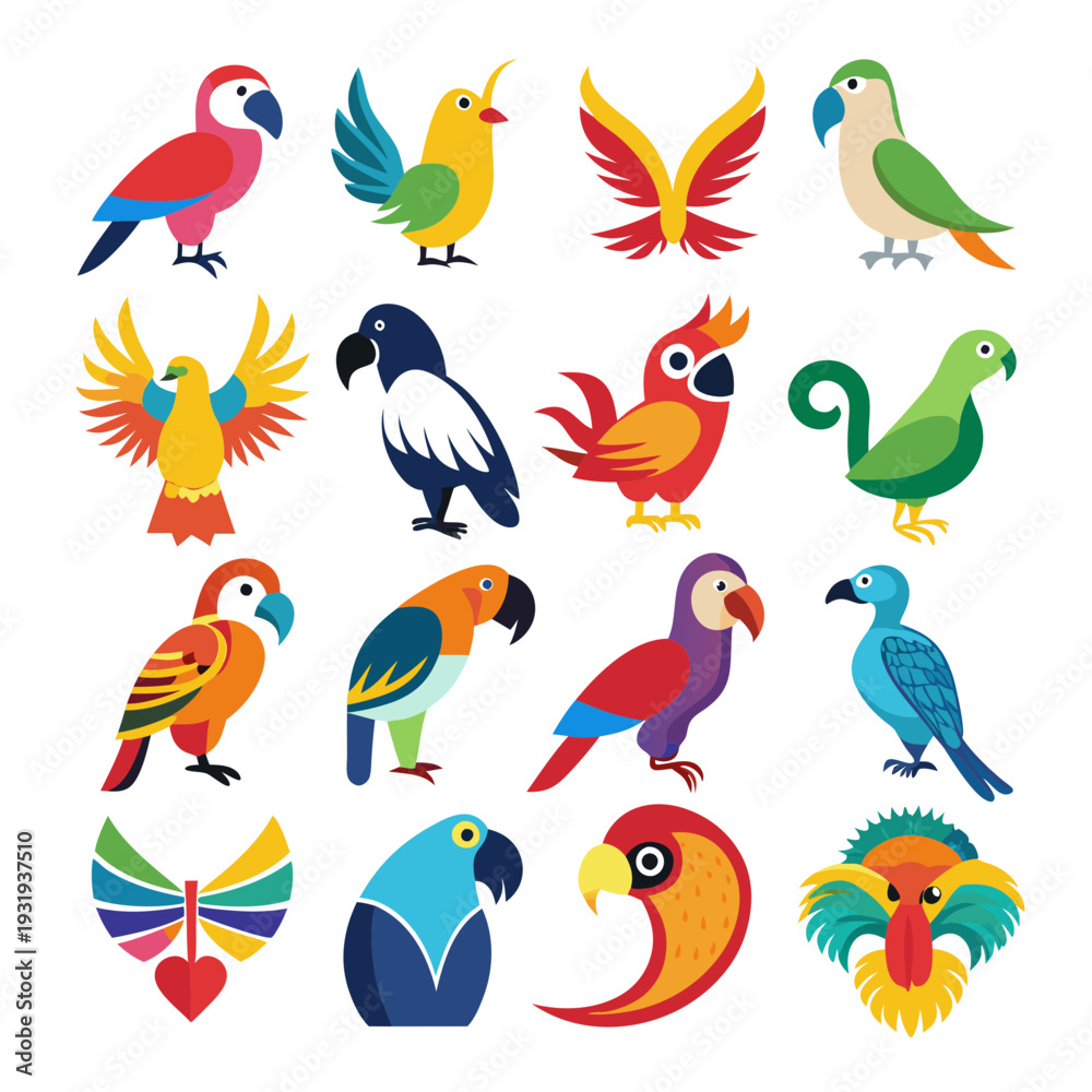 Obraz premium Colorful flat parrots vector set isolated on white background