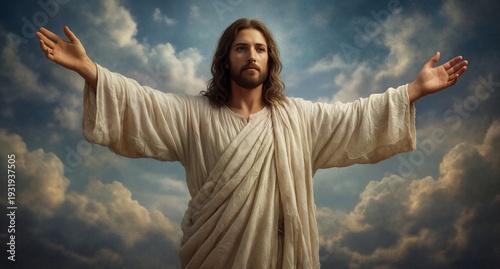 jesus christ with arms outstretched against a dramatic cloudy sky.