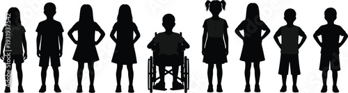 Silhouette children standing together, inclusive diversity group with wheelchair child, unity, friendship, acceptance, disability awareness vector illustration scene