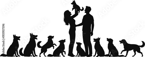 Silhouette couple with dogs, woman lifting puppy, man beside her, group of pets, companionship, affection, balanced vector illustration scene