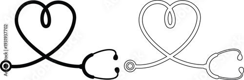 Stethoscope icon set collection, medical and healthcare symbols with heart shaped stethoscope designs in solid and outline style vector isolated on transparent background