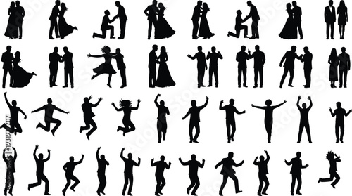 Silhouette couples and individuals dancing, embracing, proposing, celebrating illustration symbolizing love, happiness, joy, romance, unity and emotional connection.