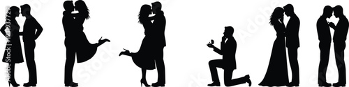 Silhouette couples in romantic relationship stages including love, proposal, marriage, vector illustration representing romance, affection, commitment, togetherness