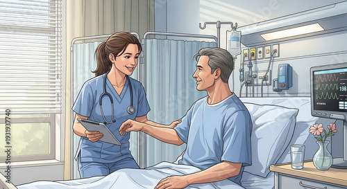 Nurse comforting patient in hospital room with blue curtains and medical equipment