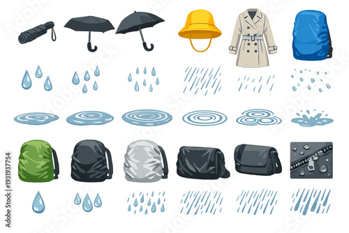 Designs of rain gear and water-related items on a light background with various shapes and colors represented