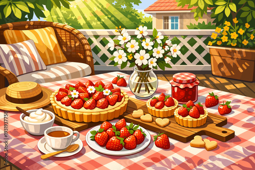 Enjoying fresh strawberries and desserts on a sunny patio during a weekend afternoon