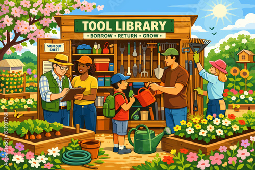 Community members gather at the tool library to borrow tools for gardening and learn about planting in a local garden