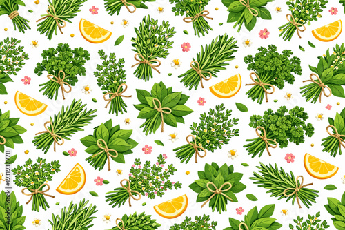 Fresh herbs and lemon slices arranged on a white background with flowers and green leaves in a vibrant pattern