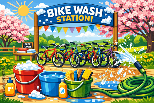 Bike wash station with multiple bicycles and cleaning supplies set up outdoors in a park during daytime