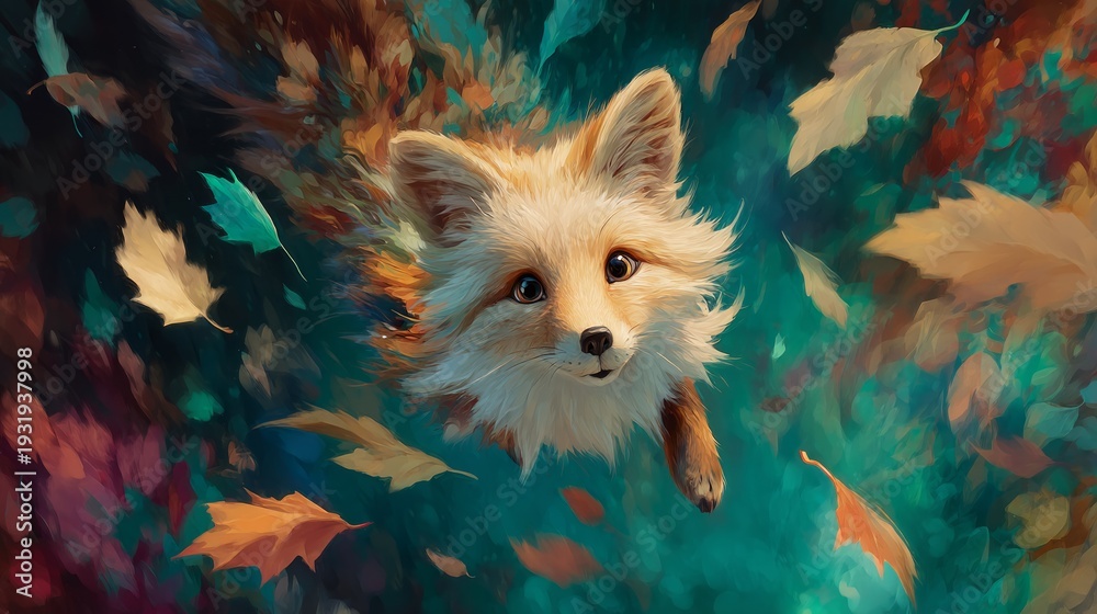 Fototapeta premium Whimsical Digital Painting of a Fox Playing with Leaves in a Colorful Forest
