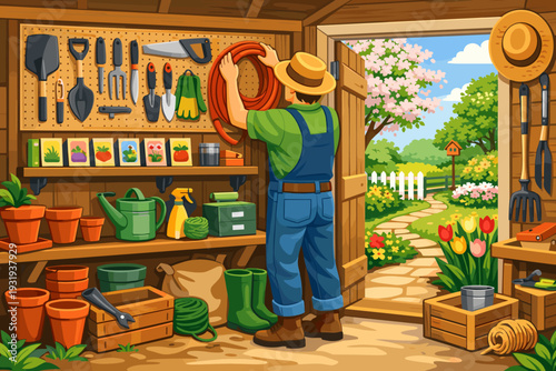 Gardener organizing tools in shed on a sunny day in a backyard