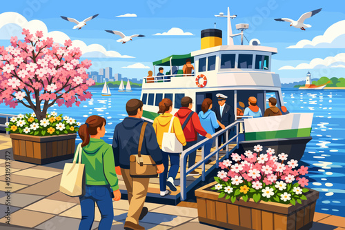 People board a boat at a waterfront filled with flowers and trees during a sunny day with seagulls flying above
