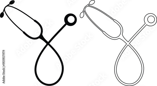 Stethoscope icon set collection, medical and healthcare symbols with heart shaped stethoscope designs in solid and outline style vector isolated on transparent background