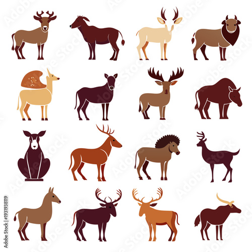 Collection of Stylized Ungulate Animal Silhouettes in Flat Design