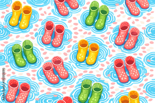 Bright rubber boots on a colorful background with water patterns showing playfulness and fun on a rainy day in an outdoor setting