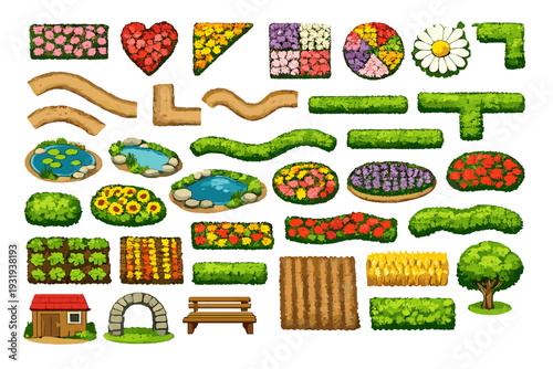 Garden elements and landscape features for creative outdoor designs in various shapes and colors