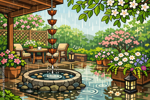 Rain falls gently in a garden with a fountain, chairs, and colorful flowers in planters, creating a calm atmosphere for relaxation