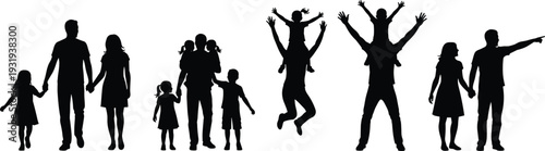 Silhouette families with adults and children illustration symbolizing parenting, unity, togetherness, love, relationships, community, family bonds and growth.