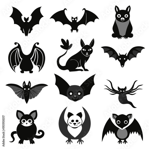 Collection of stylized black vector bats and spooky creatures