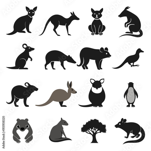 Silhouetted Australian wildlife animal icons graphic illustration collection