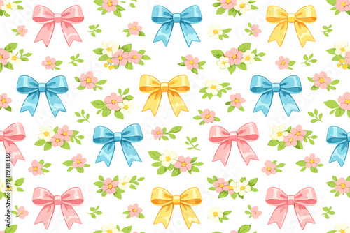 Colorful bows and flowers create a cheerful pattern on a white background for crafts or decorations