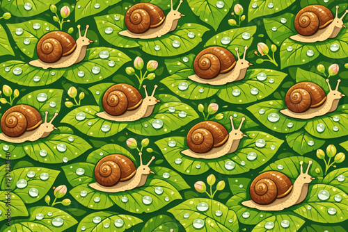 Snails on green leaves with raindrops and buds during a sunny day in a garden setting