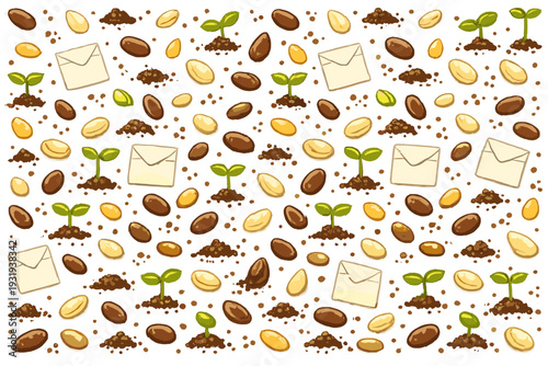 Seeds and plants grow in soil with envelopes placed around them during a gardening activity in spring