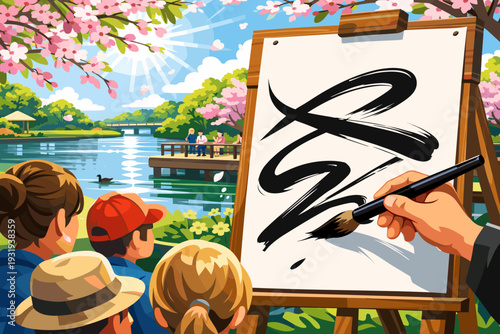 People watch as an artist creates a painting by a lake surrounded by trees on a sunny day