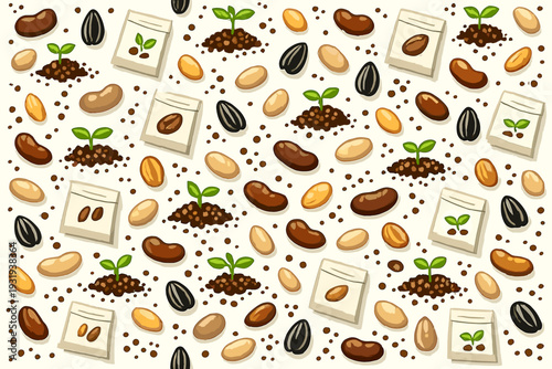 Seeds, beans, and soil arranged in a pattern on a light background with green plants sprouting in different sections in a creative layout