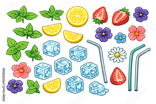 Fresh ingredients for summer drinks include fruits, herbs, ice cubes, and straws arranged in a colorful pattern on a white background