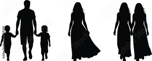Silhouette families and individuals illustration showing adults and children together symbolizing relationships, unity, companionship, parenting, love and community.