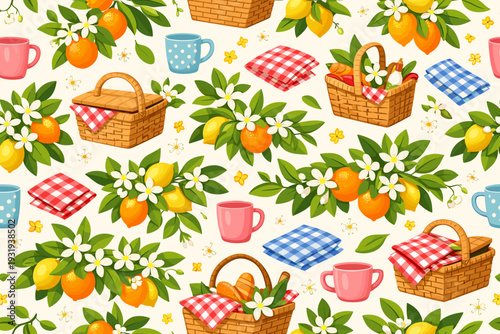 Bright and colorful design featuring baskets, fruits, and flowers on a light background in a kitchen setting