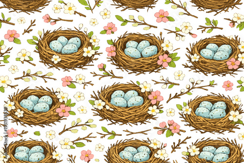 Nests with blue eggs and flowers arranged on a white background showing nature's patterns during springtime