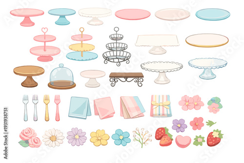 Different types of dessert stands, plates, utensils, and decorations arranged on a white background for a party or event