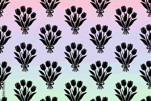 Pattern design featuring black tulip bouquets on a pastel background