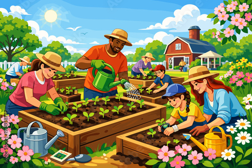 Community members work together in a garden during a sunny day planting vegetables and flowers in raised beds surrounded by greenery