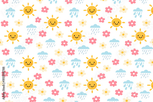 Bright pattern featuring suns, clouds, flowers, and raindrops on a white background during daytime