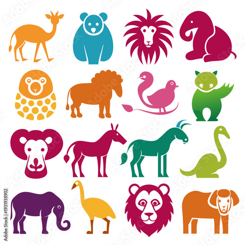 Colorful Animal Icons Illustration Set on a White Background