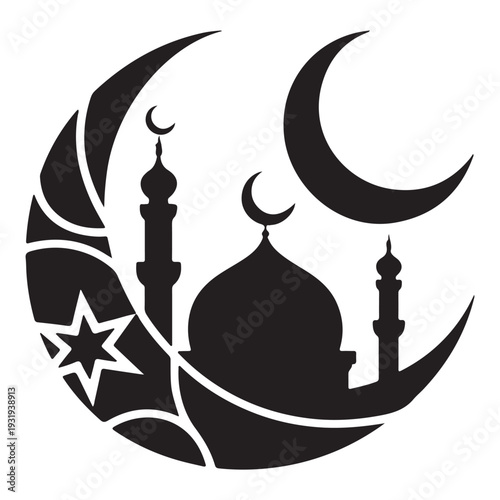 Modern Islamic prayer silhouette within crescent moon Ramadan celebration design