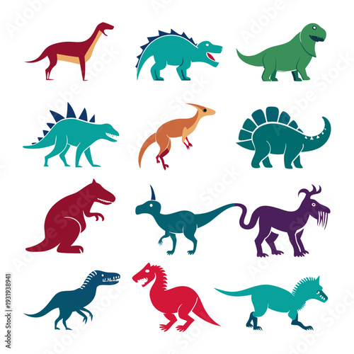 Colorful Dinosaur Silhouettes Collection on a White Background