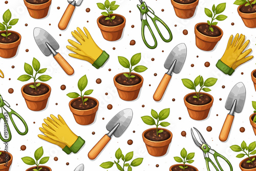 Gardening tools and plants in pots arranged on a white background