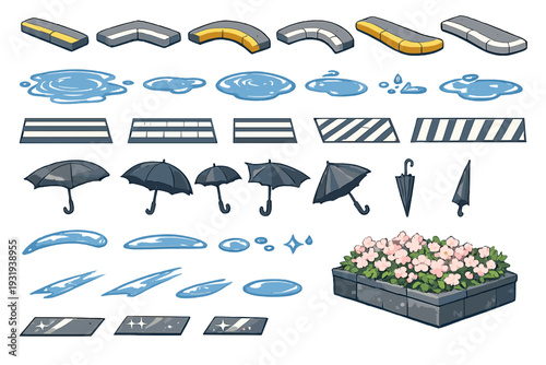 Different elements for rainy weather scene with water, flowers, and umbrellas for creative design purposes