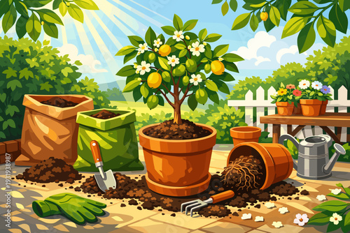 Gardening activity with tools, plants, and soil taking place in a sunny backyard during daytime
