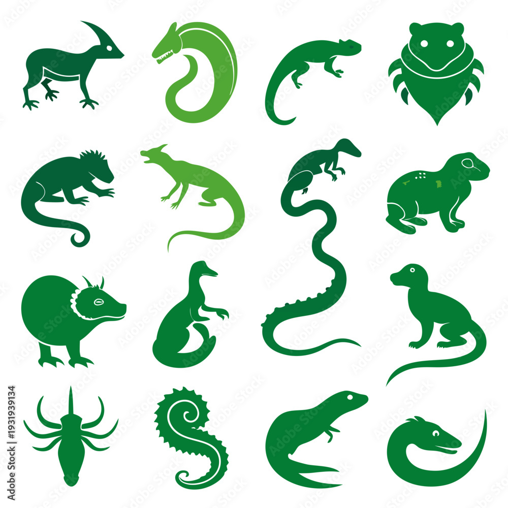 Naklejka premium Collection of stylized green animals and mythical creatures icons