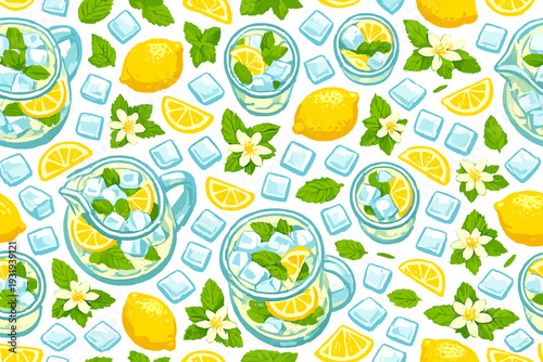 Lemonade and mint design pattern with ice cubes and fresh lemons on a light background in a summer setting